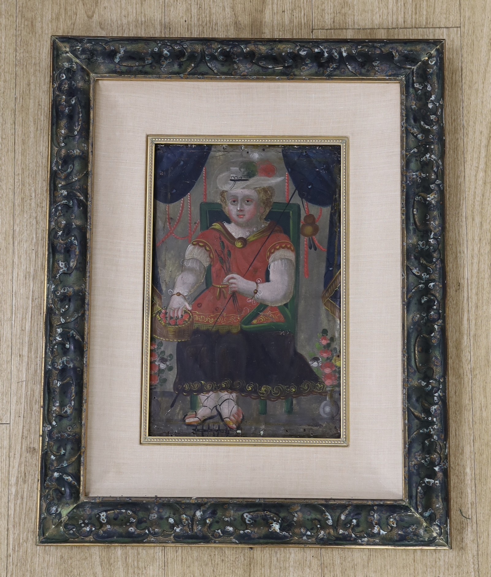 19th century Continental School, oil on zinc panel, Study of a seated woman, 34 x 22cm